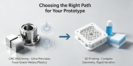 Side-by-side comparison infographic of a CNC-machined metal part and a 3D-printed plastic part with complex lattice structure, explaining the core differences for prototype fabrication.