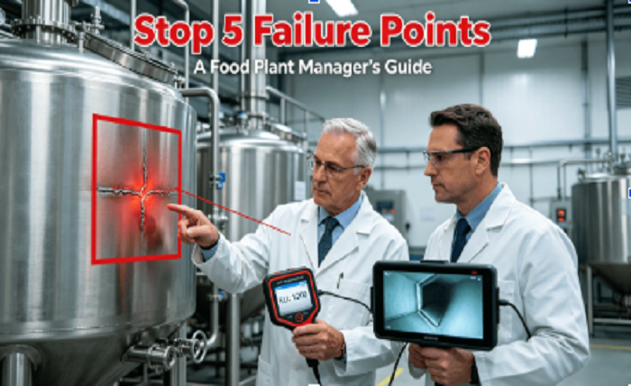 A food safety manager and maintenance supervisor in a modern food plant inspect a thick-gauge stainless steel vessel, identifying stress corrosion cracks and high bioburden with ATP and borescope, visualizing the critical link between fabrication quality and operational risk.