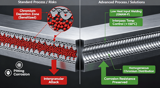 3D cross-section infographic comparing the sensitized, corrosion-prone microstructure of a standard stainless steel weld (chromium carbide precipitation) with the corrosion-resistant structure achieved through advanced low-heat input welding and post-weld heat treatment, as detailed in the welding section.